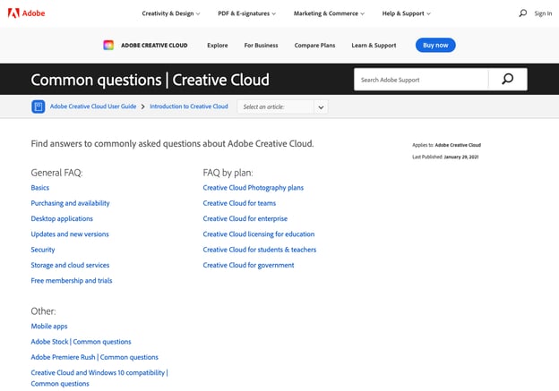 best FAQ pages: Adobe Creative Cloud